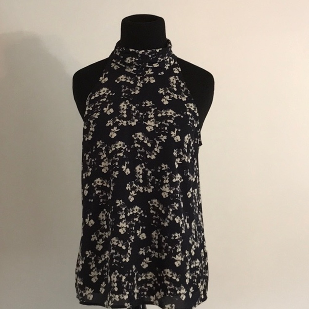 The Limited high neck floral navy top